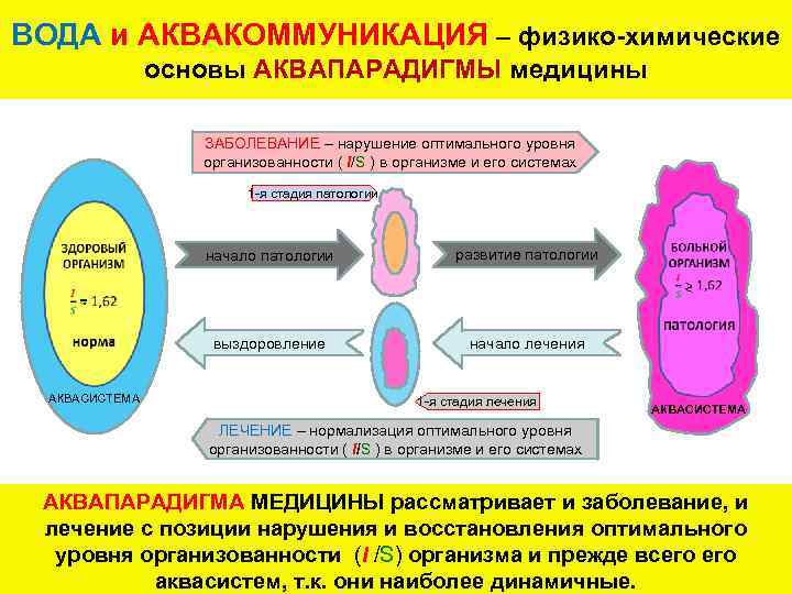 ВОДА и АКВАКОММУНИКАЦИЯ – физико-химические основы АКВАПАРАДИГМЫ медицины ЗАБОЛЕВАНИЕ – нарушение оптимального уровня организованности