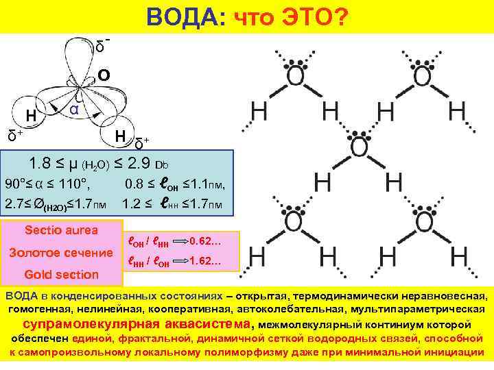 δ - ВОДА: что ЭТО? O H α δ+ H δ+ 1. 8 ≤