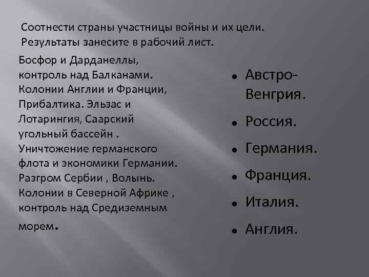 Соотнести страны участницы войны и их цели. Результаты занесите в рабочий лист. Босфор и