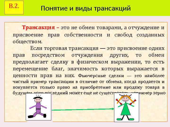 В. 2. Понятие и виды трансакций Трансакция – это не обмен товарами, а отчуждение
