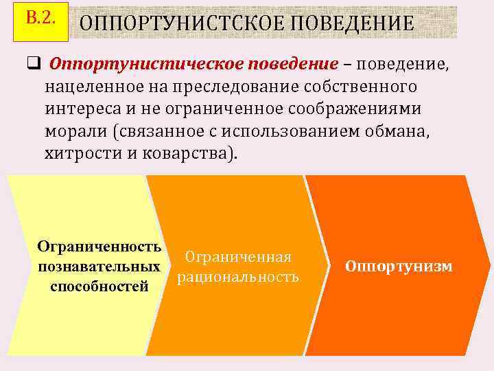 В. 2. ОППОРТУНИСТСКОЕ ПОВЕДЕНИЕ q Оппортунистическое поведение – поведение, нацеленное на преследование собственного интереса