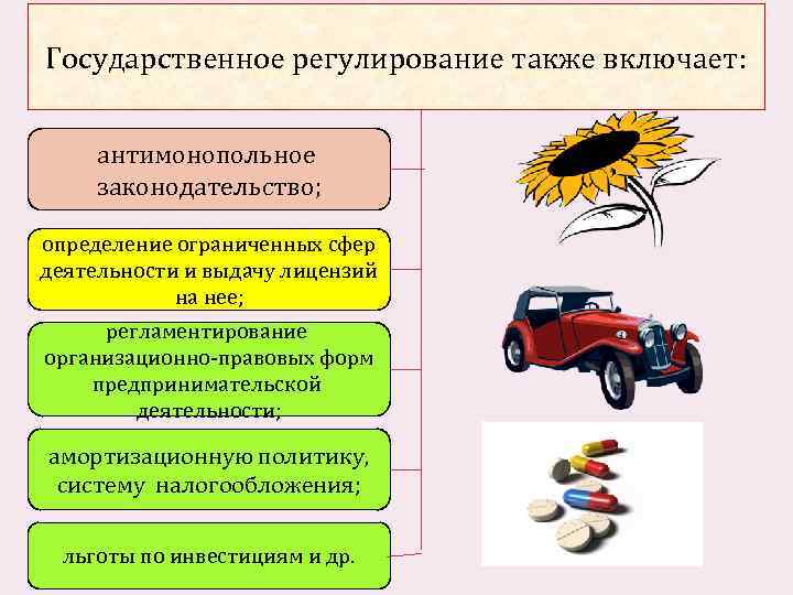 Государственное регулирование также включает: антимонопольное законодательство; определение ограниченных сфер деятельности и выдачу лицензий на