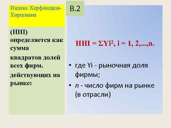 Индекс Херфиндаля Хиршмана В. 2 (HHI) определяется как HHI = ΣYi 2, i =