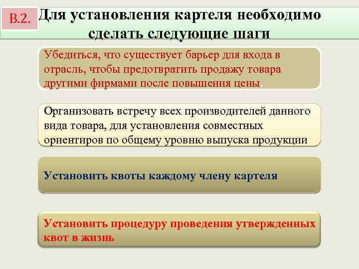 В. 2. Для установления картеля необходимо сделать следующие шаги Убедиться, что существует барьер для