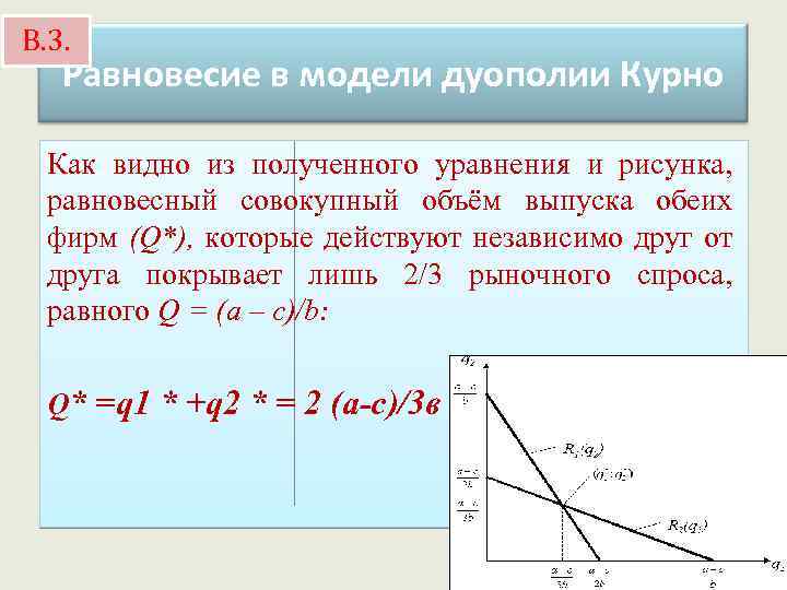 В. 3. Равновесие в модели дуополии Курно Как видно из полученного уравнения и рисунка,