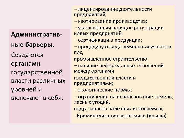 Административные барьеры. Создаются органами государственной власти различных уровней и включают в себя: – лицензирование