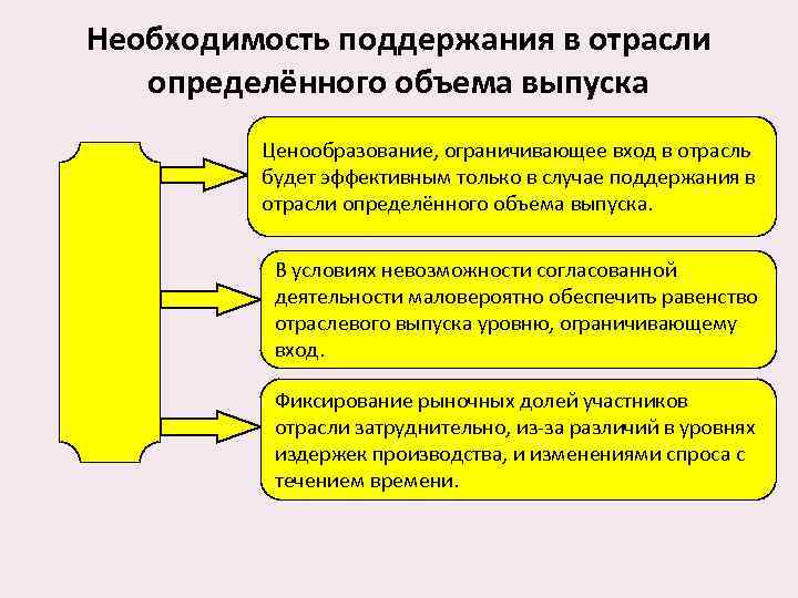 Необходимость поддержания в отрасли определённого объема выпуска Ценообразование, ограничивающее вход в отрасль будет эффективным