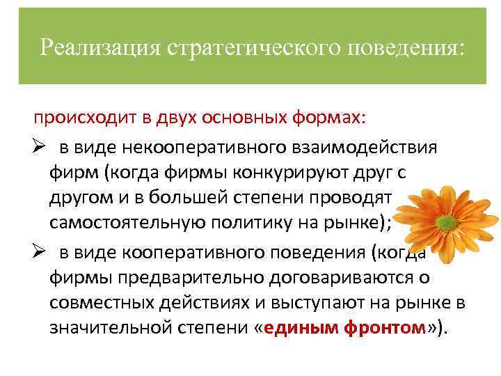 Реализация стратегического поведения: происходит в двух основных формах: Ø в виде некооперативного взаимодействия фирм