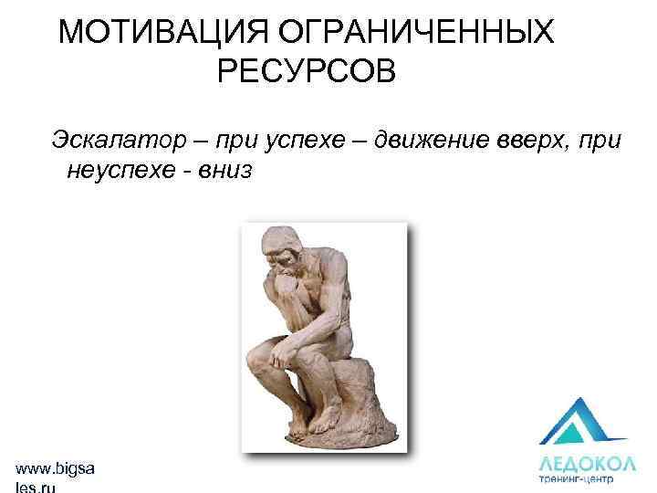 МОТИВАЦИЯ ОГРАНИЧЕННЫХ РЕСУРСОВ Эскалатор – при успехе – движение вверх, при неуспехе - вниз