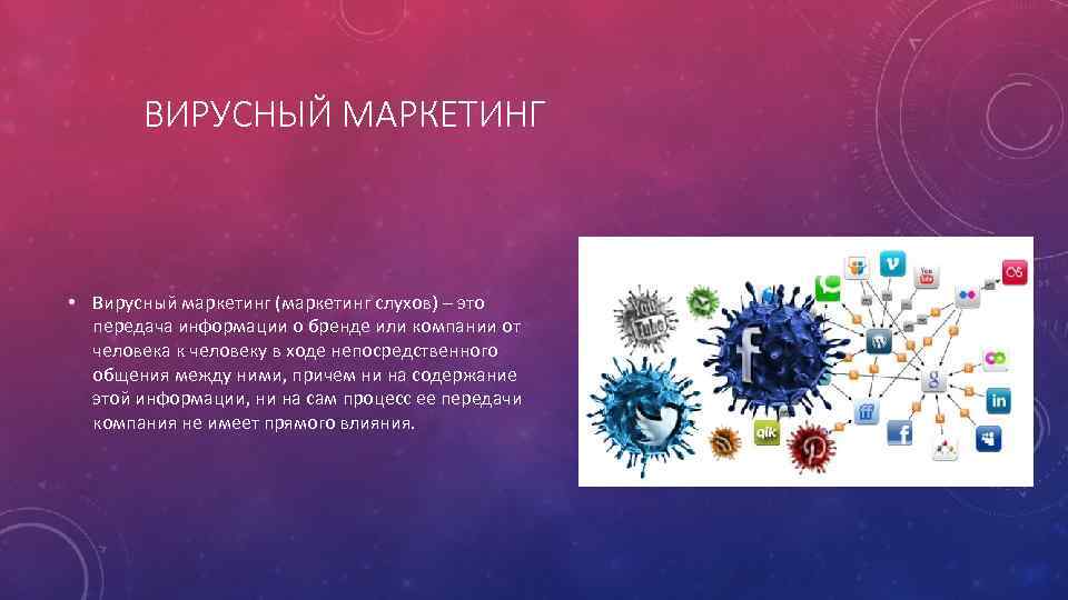 ВИРУСНЫЙ МАРКЕТИНГ • Вирусный маркетинг (маркетинг слухов) – это передача информации о бренде или