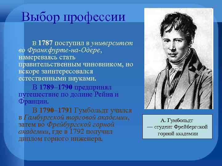 Выбор профессии В 1787 поступил в университет во Франкфурте-на-Одере, намереваясь стать правительственным чиновником, но