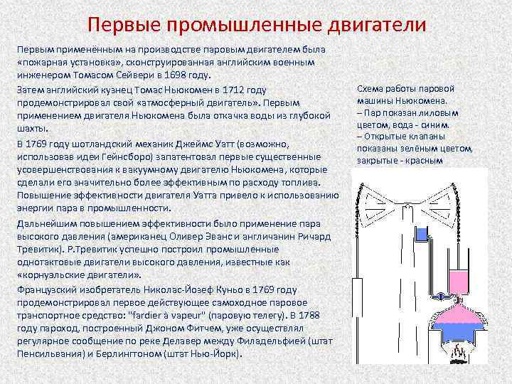 Первые промышленные двигатели Первым применённым на производстве паровым двигателем была «пожарная установка» , сконструированная
