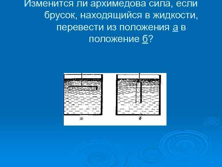 Изменится ли архимедова сила, если брусок, находящийся в жидкости, перевести из положения а в