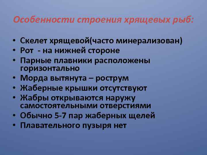 Особенности строения хрящевых рыб: • Скелет хрящевой(часто минерализован) • Рот - на нижней стороне