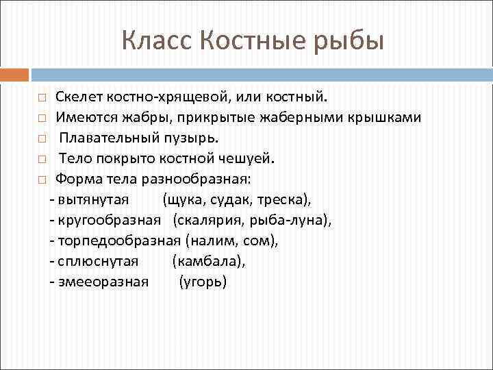 Класс Костные рыбы Скелет костно-хрящевой, или костный. Имеются жабры, прикрытые жаберными крышками Плавательный пузырь.