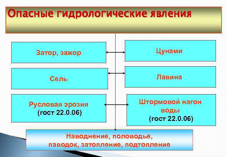 Опасные гидрологические явления Затор, зажор Цунами Сель Лавина Русловая эрозия (гост 22. 0. 06)