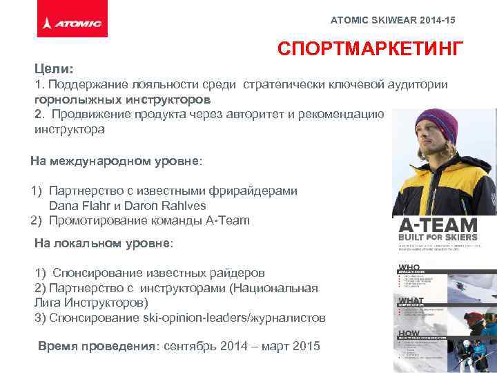 ATOMIC SKIWEAR 2014 -15 СПОРТМАРКЕТИНГ Цели: 1. Поддержание лояльности среди стратегически ключевой аудитории горнолыжных