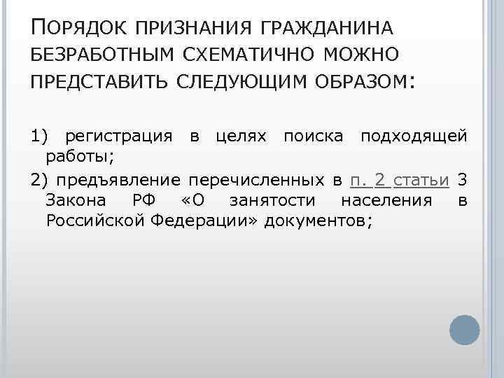 ПОРЯДОК ПРИЗНАНИЯ ГРАЖДАНИНА БЕЗРАБОТНЫМ СХЕМАТИЧНО МОЖНО ПРЕДСТАВИТЬ СЛЕДУЮЩИМ ОБРАЗОМ: 1) регистрация в целях поиска