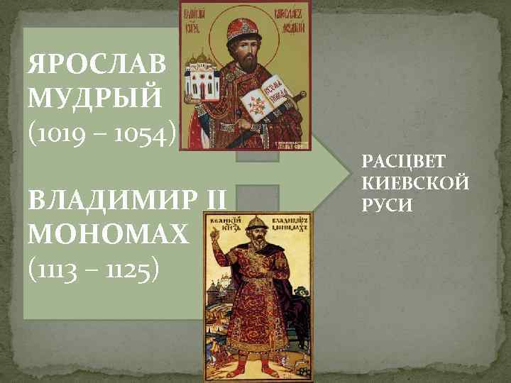 ЯРОСЛАВ МУДРЫЙ (1019 – 1054) ВЛАДИМИР II МОНОМАХ (1113 – 1125) РАСЦВЕТ КИЕВСКОЙ РУСИ