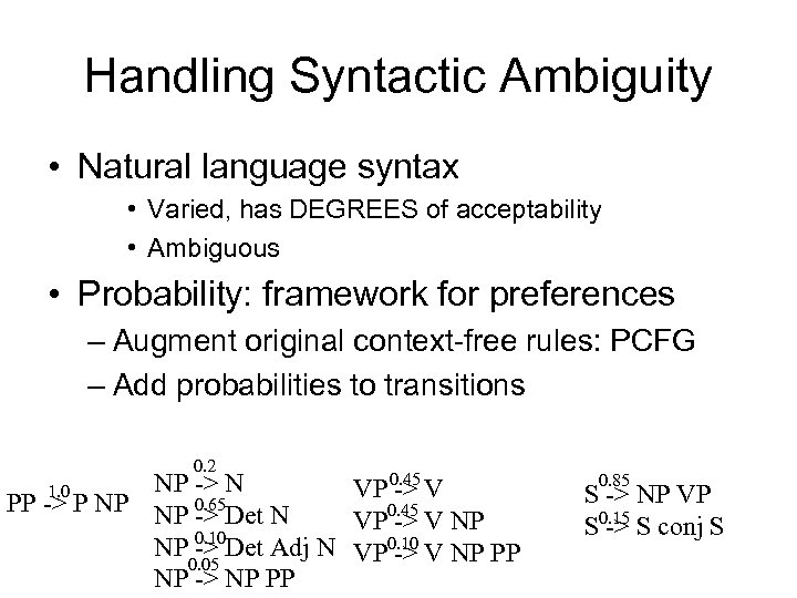 Handling Syntactic Ambiguity • Natural language syntax • Varied, has DEGREES of acceptability •