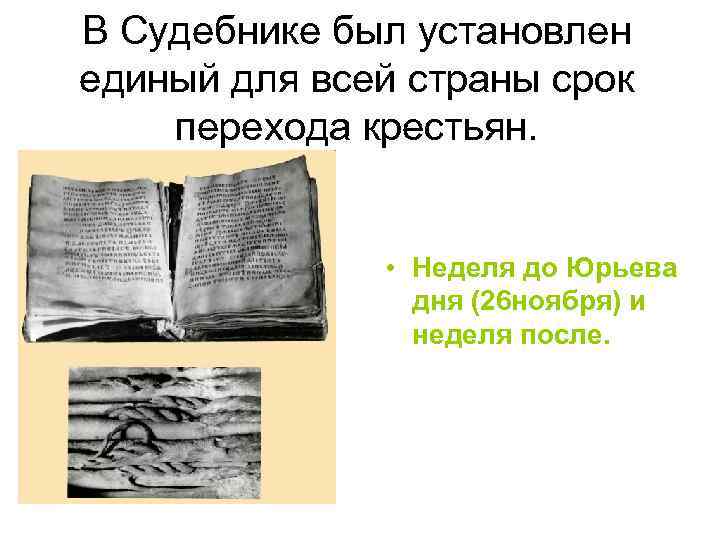 В Судебнике был установлен единый для всей страны срок перехода крестьян. • Неделя до