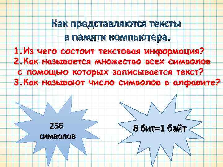 Как представляются тексты в памяти компьютера. 1. Из чего состоит текстовая информация? 2. Как