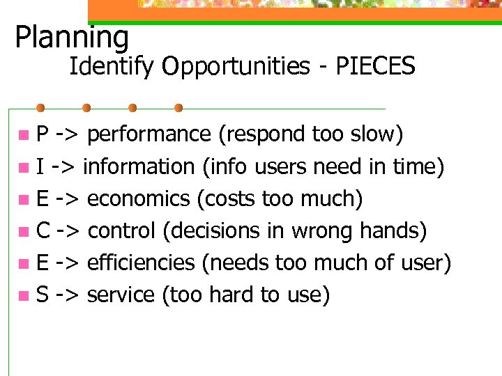 Planning Identify Opportunities - PIECES P -> performance (respond too slow) n I ->