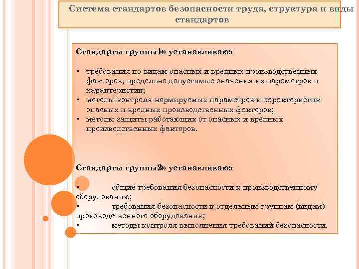 Система стандартов безопасности труда, структура и виды стандартов Стандарты группы1» устанавливают « : •