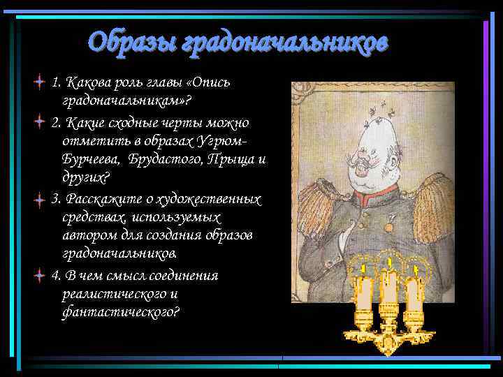 Образы градоначальников 1. Какова роль главы «Опись градоначальникам» ? 2. Какие сходные черты можно