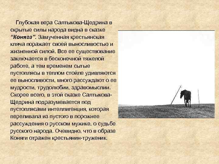  Глубокая вера Салтыкова-Щедрина в скрытые силы народа видна в сказке “Коняга”. Замученная крестьянская