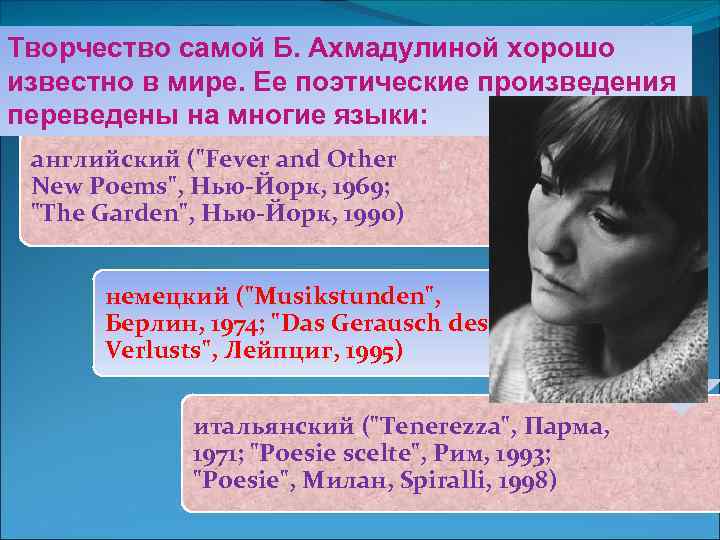 Творчество самой Б. Ахмадулиной хорошо известно в мире. Ее поэтические произведения переведены на многие