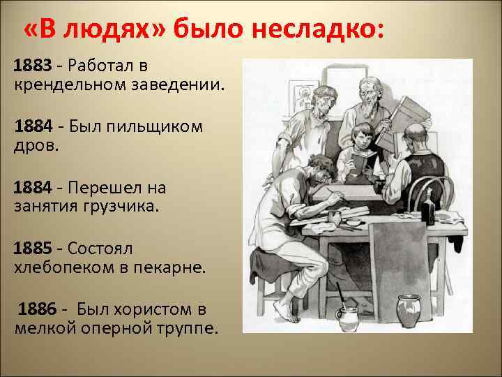  «В людях» было несладко: 1883 - Работал в крендельном заведении. 1884 - Был