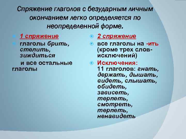 Спряжение глаголов с безударным личным окончанием легко определяется по неопределенной форме. 1 спряжение глаголы