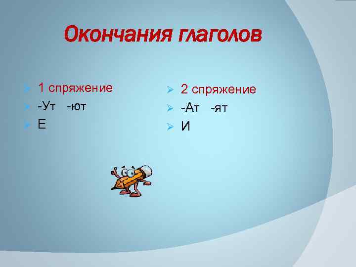 Окончания глаголов 1 спряжение Ø -Ут -ют Ø Е Ø 2 спряжение Ø -Ат
