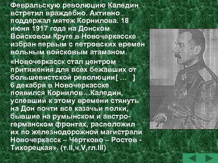 Февральскую революцию Каледин встретил враждебно. Активно поддержал мятеж Корнилова. 18 июня 1917 года на