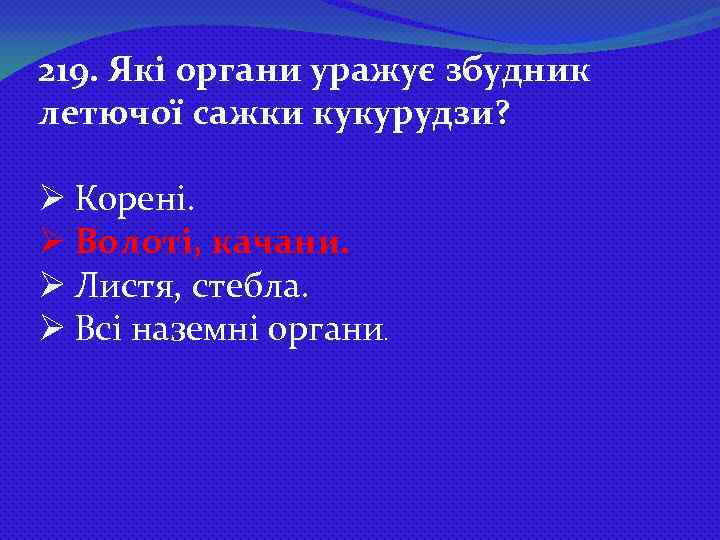 219. Які органи уражує збудник летючої сажки кукурудзи? Ø Корені. Ø Волоті, качани. Ø