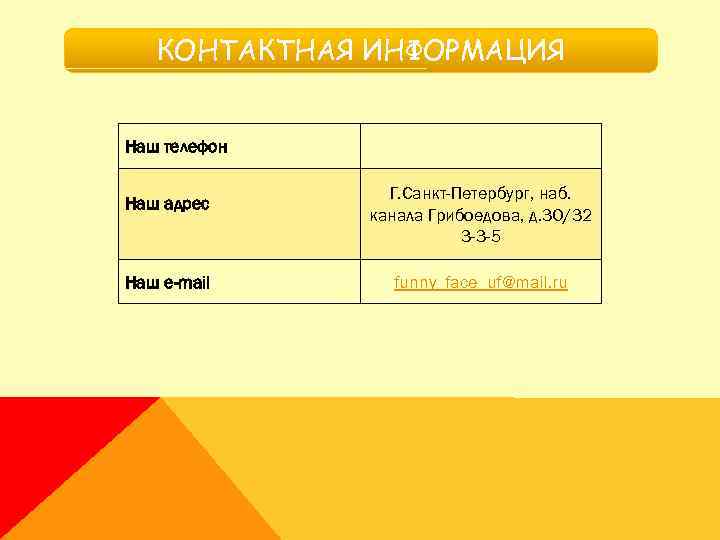 КОНТАКТНАЯ ИНФОРМАЦИЯ Наш телефон Наш адрес Наш e-mail Г. Санкт-Петербург, наб. канала Грибоедова, д.