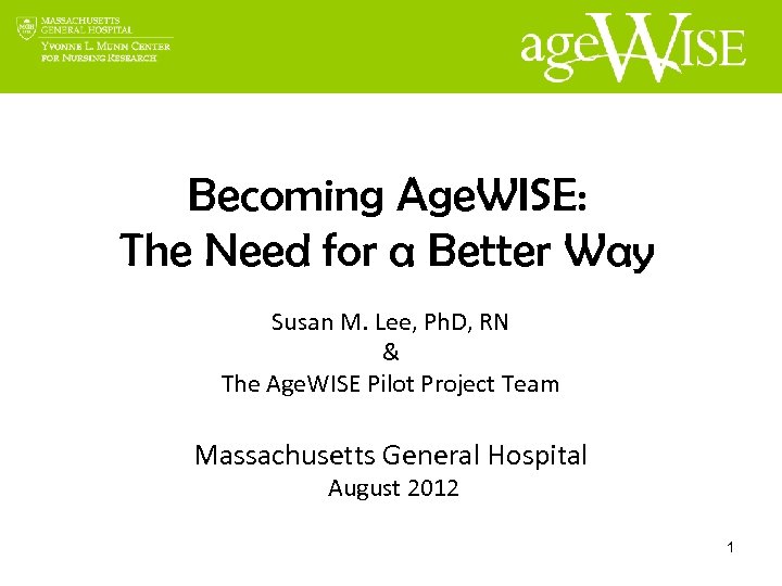 Becoming Age. WISE: The Need for a Better Way Susan M. Lee, Ph. D,