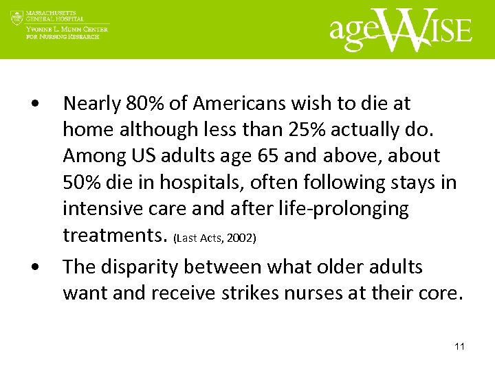  • Nearly 80% of Americans wish to die at home although less than