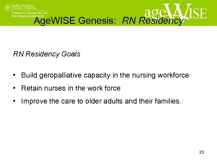 Age. WISE Genesis: RN Residency Goals • Build geropalliative capacity in the nursing workforce