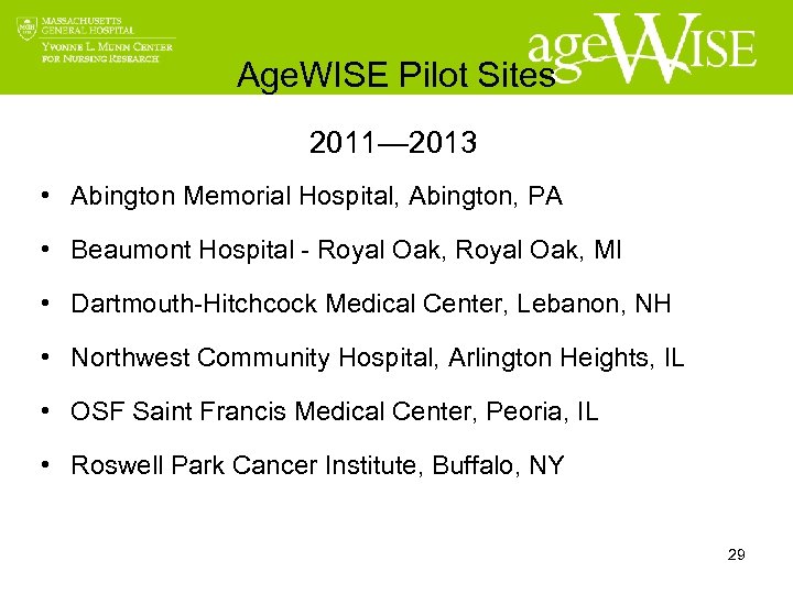 Age. WISE Pilot Sites 2011— 2013 • Abington Memorial Hospital, Abington, PA • Beaumont