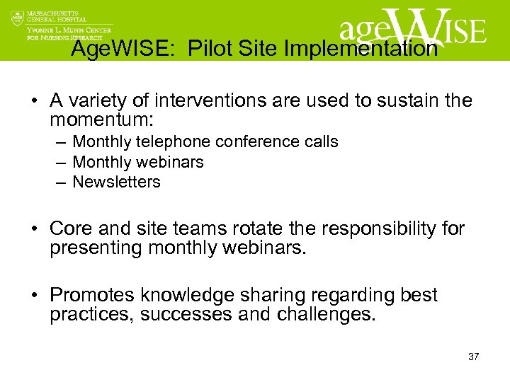 Age. WISE: Pilot Site Implementation • A variety of interventions are used to sustain