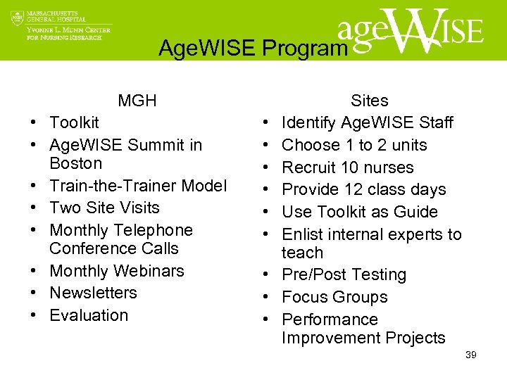 Age. WISE Program MGH • Toolkit • Age. WISE Summit in Boston • Train-the-Trainer