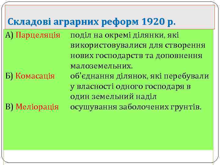 Складові аграрних реформ 1920 р. А) Парцеляція Б) Комасація В) Меліорація поділ на окремі