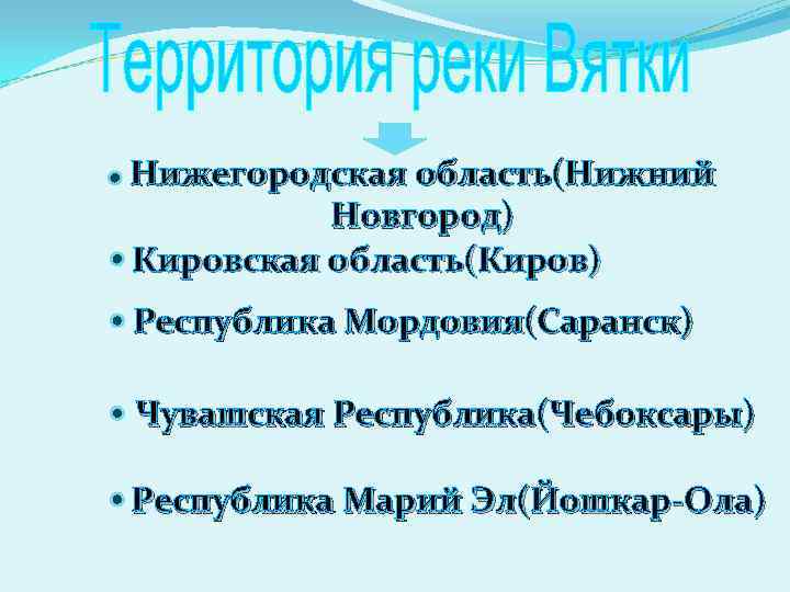 Нижегородская область(Нижний Новгород) Кировская область(Киров) Республика Мордовия(Саранск) Чувашская Республика(Чебоксары) Республика Марий Эл(Йошкар-Ола) 