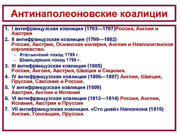 В чем причины участия россии в антифранцузских коалициях составьте план сообщения 1801 1812 кратко