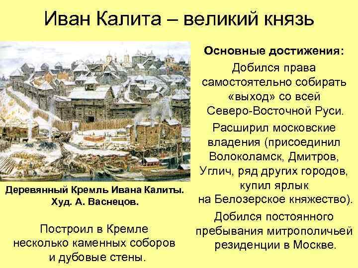 Иван Калита – великий князь Основные достижения: Добился права самостоятельно собирать «выход» со всей