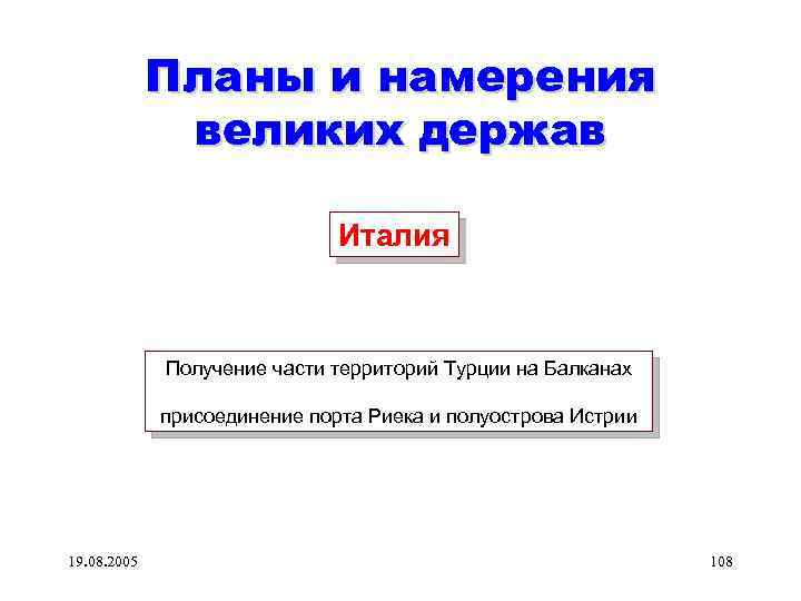 Планы и намерения великих держав Италия Получение части территорий Турции на Балканах присоединение порта