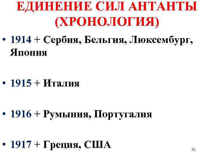 ЕДИНЕНИЕ СИЛ АНТАНТЫ (ХРОНОЛОГИЯ) • 1914 + Сербия, Бельгия, Люксембург, Япония • 1915 +