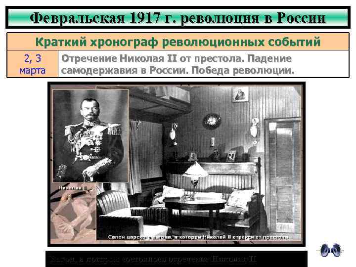 Февральская 1917 г. революция в России Краткий хронограф революционных событий 2, 3 марта Отречение